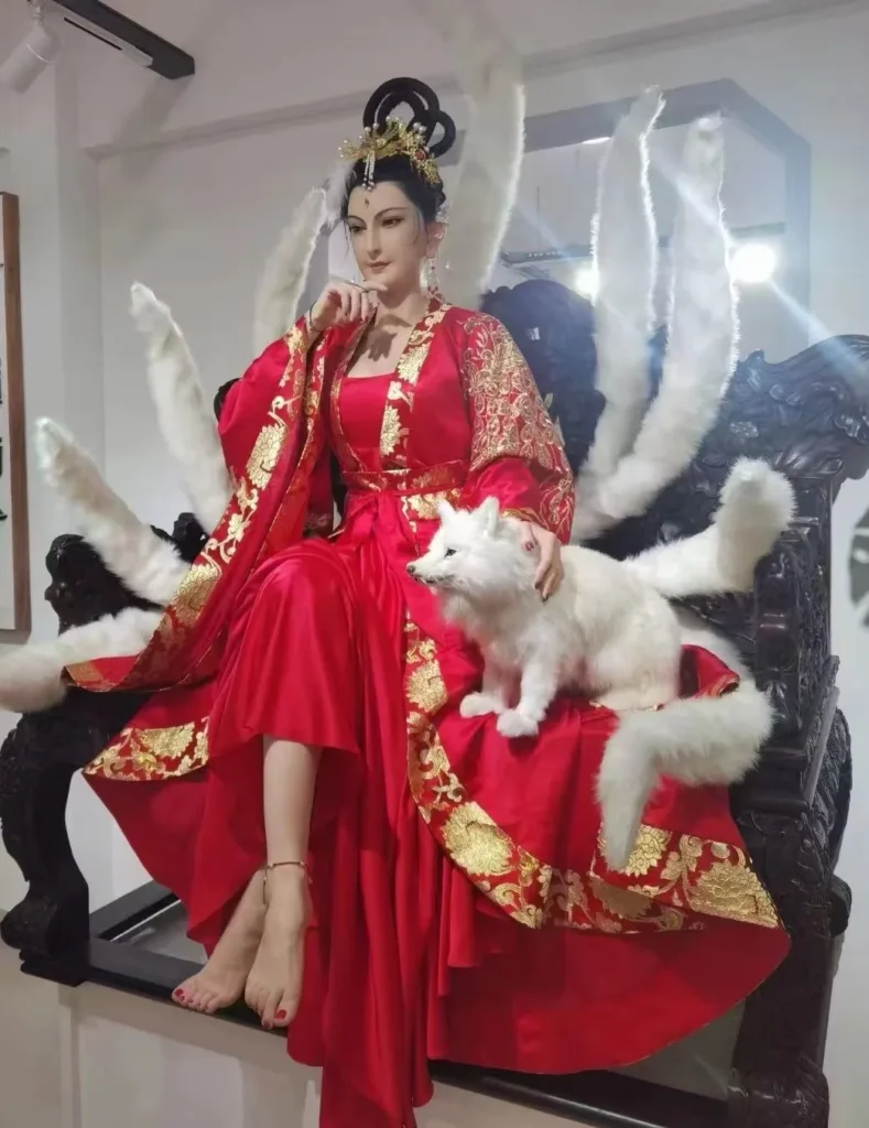 Nine-tailed fox wax figure prepared for indoor exhibition display.